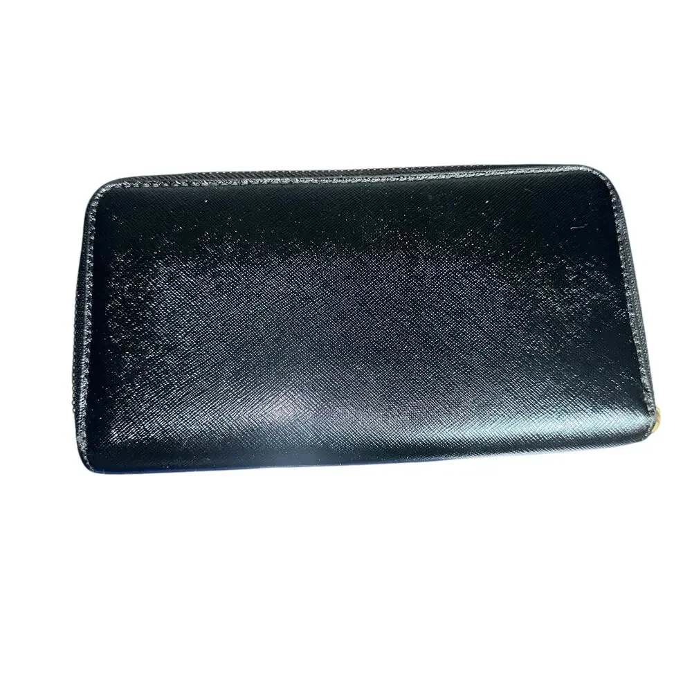 Tory Burch Black Saffiano Leather Zip Around Wallet Gold Logo